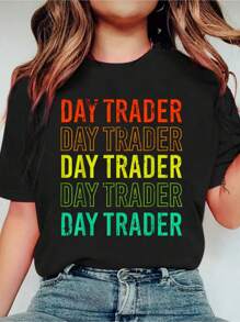Day Trader - Retro Vintage Stock Market Day Trading Gift T-Shirt Print Crew Neck Casual T-Shirt Short Sleeve Sports Top, Smart Casual/Street Style Women's Clothing
