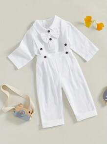 Traje de caballero para bebé niño, mono de manga larga con cuello de solapa y pajarita, pantalones con tirantes y cintura elástica para boda. - Blanco - Ver 5