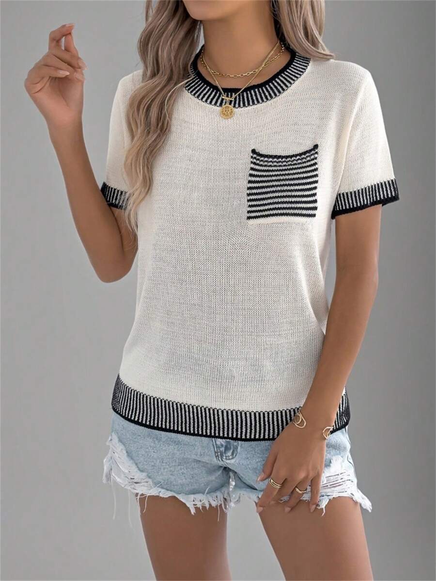 Women's Round Neck Contrast Stripe Pocket Short Sleeve Knit Top, Beach Holiday Vacation, Summer - Apricot - View 1