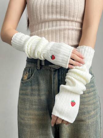 1 Pair Of Cute Kawaii Style Women Strawberry Embroidered Arm Sleeves, Y2K Millennium Street Fashion Decoration Embroidered Sleeve Covers, Spring Ladies Match Knitted Arm Warmers, Lolita Decor Fingerless Gloves, Knitted Ladies Sleeve Cuffs, College Style Student White Warm Gloves, Black & White Fake Sleeves