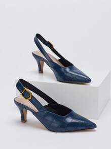 女士尖头细高跟一脚蹬派对休闲高跟鞋，优雅小猫跟 - 藏蓝色 - 查看 5