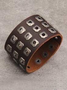 1 件朋克摇滚铆钉装饰皮革手链、铆钉摩托车珠宝腕带、复古风格男士手链、女士万圣节派对礼物 - 皮革 - 查看 16