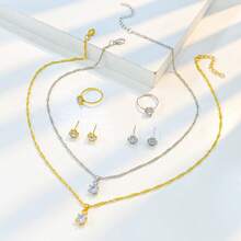 女士时尚珠宝 3 件套，包括项链、戒指和耳环，镶嵌单颗钻石和六爪方晶锆石 - 三件套 - 查看 8