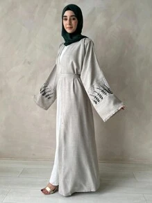 1 chiếc Abaya phong cách Ả Rập rộng rãi cho phụ nữ theo đạo Hồi, áo choàng cardigan dài bằng vải lanh thêu nhiều màu thanh lịch, thoải mái cho hàng ngày, lễ hội, tụ tập - màu be xám - Xem 6