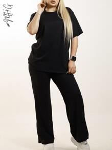 Conjunto de 2 Piezas Oversize Unicolor para Dama Mujer Amplio y Holgado de Blusa de Cuello Redondo Unicolor con Manga Corta y Hombros Caídos Cómoda y Pantalón Oversize Holgado Unicolor Sin Bolsillos Moda Otoño Primavera y Verano Estilo Casual y Versatil para Todo Tipo de Ocasion