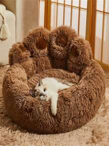 1pc Bear Paw Plush Pet Mat Plush Bear Paw Pet Bed - Polyester PP Cotton Filling, Machine Washable Easy Care, Non-Slip Design, Soothing Anxiety Warm Soothing Donut Bed Bear Paw Shape Pet Bed - Super Soft Cat & Dog Soothing Bed, Suitable For All Seasons, Super Soft Plush Bear Paw Shape, Perfect Choice For All Kinds Of Pets - 咖啡棕 - 查看 4