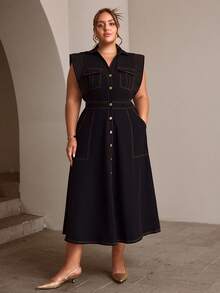 Sollinarry Plus Size Women's Sleeveless Button Front Long Dress, Fashionable For Commuting, Office Outfits For Women, Teacher Outfits For Women Black Elegant - Black - View 5