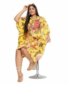 Gypsie Blu Cotton Plus Size Short Floral Shirt Midi Dress For Women - 黃色 - 查看 7