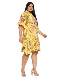 Gypsie Blu Cotton Plus Size Short Floral Shirt Midi Dress For Women - 黃色 - 查看 2