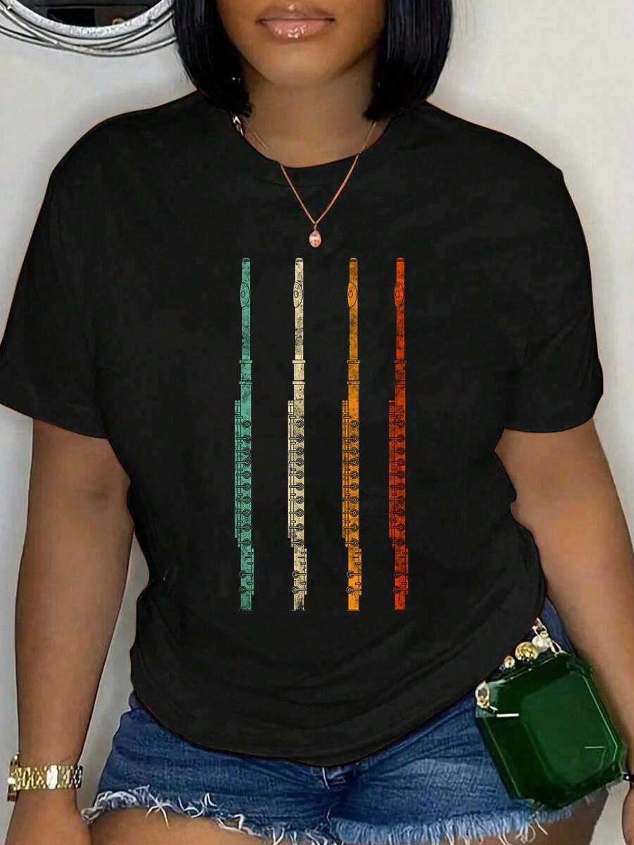 Vintage Retro 70s Flute  For Flautist & Flute Playerstees,Fashion Casual T-Shirt - Black - View 1