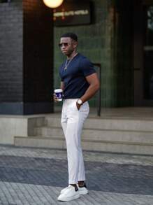 Men's Casual T-Shirt Slim Fit Basic Social Fashion - Màu xanh hải quân - Xem 6
