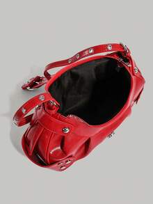 1 chiếc túi xách đi xe máy bằng da mềm Milady cổ điển dành cho nữ có đinh tán, khóa cài, xếp ly, hình đám mây, túi đeo chéo vai và ví cầm tay, ví Y2K phong cách đường phố để đi làm, đi làm, hẹn hò, tiệc tùng, túi lưỡi liềm dành cho nữ, túi thời trang màu đỏ tía, túi truyền cảm hứng cho nữ - Xem 2