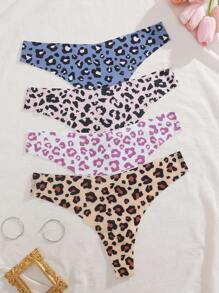 4pcs Leopard Print Comfortable & Sexy Thong Panties For Women
