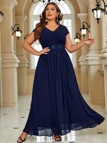 Plus Floral Lace Sleeve Contrast Chiffon Evening Party Maxi Formal Dress - Navy Blue - View 3