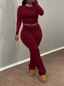 Women'S Plus Large Size Two-Piece Set Of Solid Color Simple Slim Long Sleeve Top And Pants - Màu Đỏ Sâu - Xem 6