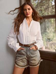 Simplee Women's Spring/Summer New Embroidered Palm Tree Collar Long Sleeve Shirt, Suitable For Commuting And Vacation Wear - White - View 1