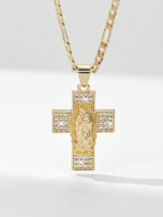1 pieza Estilo europeo y americano Colgante de collar con cruz y Virgen María de cobre con relieve y circonita incrustada en oro de 14K, adecuado para regalo de madre, pareja, amigo o creyente, para uso diario, festivales y oración