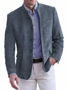 Mens Blazer, Vintage Long Sleeve Stand Neck Button Closure Solid Business Jacket Casual Jacket - 天藍色 - 查看 1