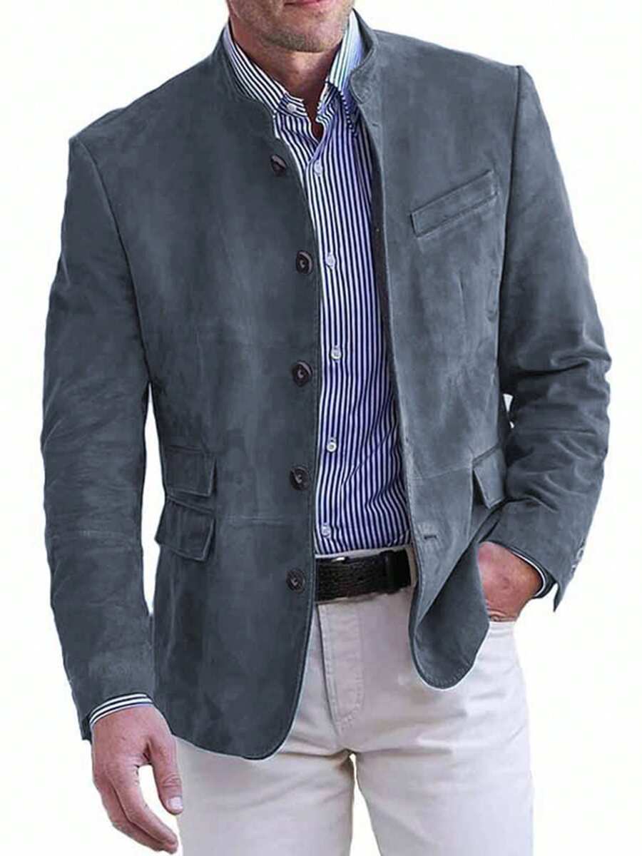 Mens Blazer, Vintage Long Sleeve Stand Neck Button Closure Solid Business Jacket Casual Jacket - 天藍色 - 查看 1