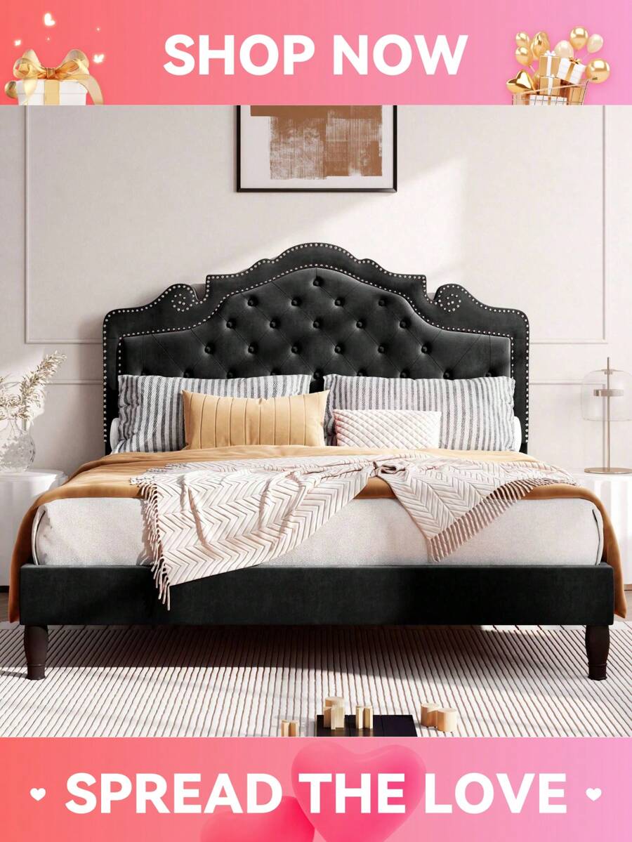 Full/Queen/King Size Bed Frame With Adjustable Velvet Tiara Headboard, Upholstered Diamond Button Tufted Platform Bed, Wood Slats Support, No Box Spring Needed, Black/Grey/White - 黑色 - 查看 1