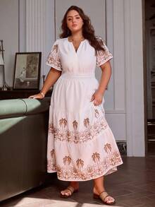 Simplee Vestido largo casual con cuello en V y mangas cortas con estampado de palmeras para mujer talla grande, estilo vintage, primavera - Blanco - Ver 6
