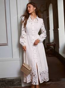 Simplee Women's Spring/Autumn New Solid Color Hollow Lace Patchwork Button Decor Maxi Dress, Elegant Formal Dress, Vintage Style, Birthday Dress