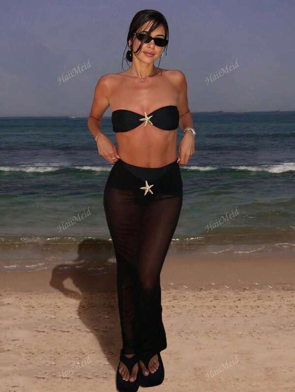 Women's Bandeau Bikini Set With Metal Starfish Decor & Skirt, Three Pieces Swimwear Set For Beach Summer Vacation