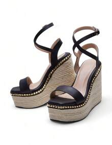 Tacones Beige de Plataforma Tejida con Estoperoles - Negro - Ver 3