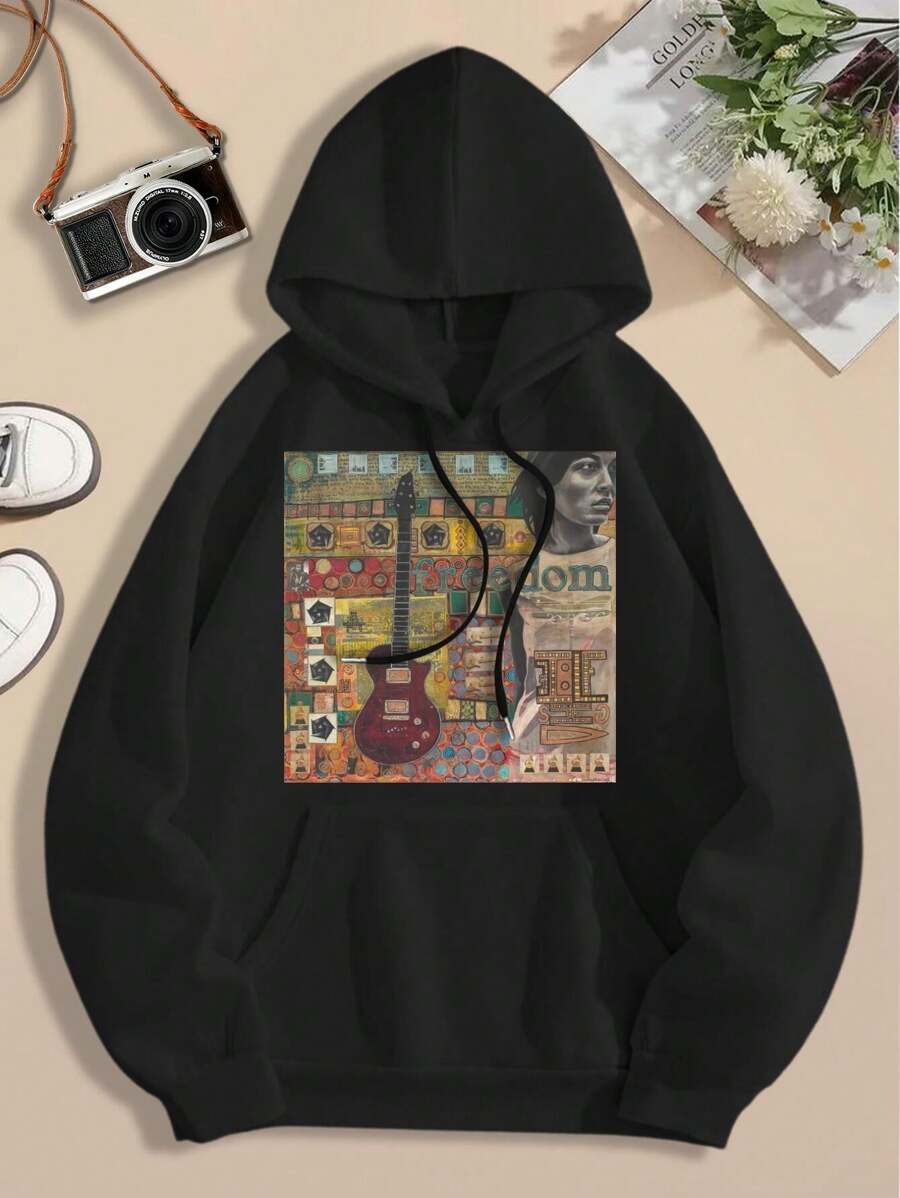Freedom Guitar Big Size Women Hoodie Hoodies Hippie Mixed Media Rock Style For Ladies