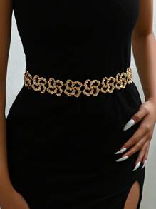 1pc Fashionable Unique Exaggerated Geometric Asymmetrical Multi-Square Hollow Spiral Metal Linked Waist Chain, Versatile For Daily Wear And Parties - Yellow Gold - View 1