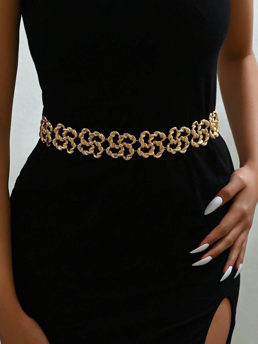 1pc Fashionable Unique Exaggerated Geometric Asymmetrical Multi-Square Hollow Spiral Metal Linked Waist Chain, Versatile For Daily Wear And Parties - Yellow Gold - View 1