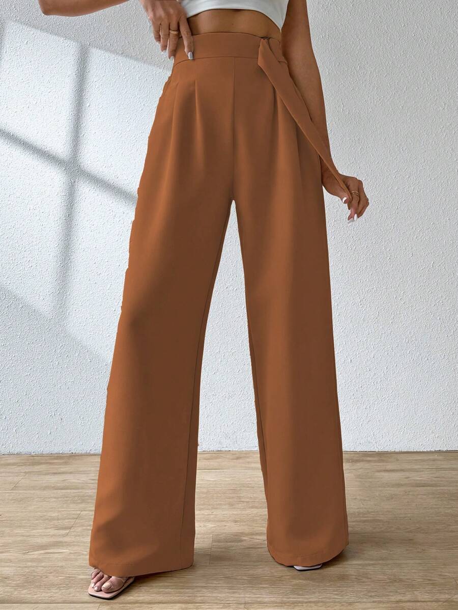 ADD WOMEN'S FASHION - AS1248 Women's Wide Leg Pants, Elastic Waistband, Tailored, Casual, High Waist, Bell Bottom, Casual, Formal, Delicate, Light, Belt, Comfortable, Stylish, Fashion, Glamorous, , National Shipping - 鏽棕色 - 查看 1