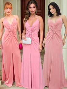 Long Party Dress With Lined Cups, Elasticity, Straps In Shiny Rhinestones, Cut-Out, Front Slit, Fluid Mesh, Fluid And Elegant Fit, One Size Fits 36 To 42 - Rusty Rose - View 5