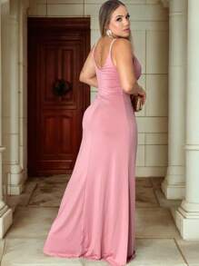 Long Party Dress With Lined Cups, Elasticity, Straps In Shiny Rhinestones, Cut-Out, Front Slit, Fluid Mesh, Fluid And Elegant Fit, One Size Fits 36 To 42 - Rusty Rose - View 2