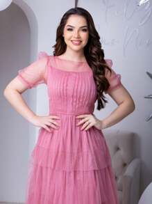 Women's Long Tulle Glitter Dress Short Sleeve Elegant Party Dress - Rusty Rose - View 2