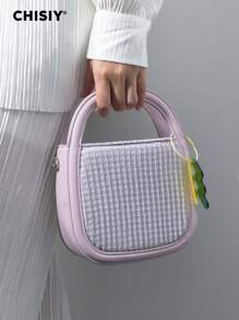 CHISIY Handmade Macaron Color Pleated High-End Faux Leather & Fabric Mini Striped Commuter Bag For Women, Adjustable Shoulder Strap, Multi-Carrying Ways, Ideal Gift For Girlfriends, Shopping, Travel, Valentine's Day And New Year - Purple - View 3