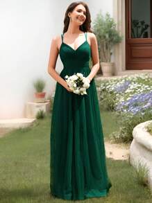 优雅交叉露背蕾丝撞色网纱深绿色伴娘礼服，半正式，适合婚礼、度假、生日、毕业典礼及其他场合