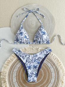 女士度假风印花挂脖三角比基尼两件套，适合海岛度假、摄影和夏季沙滩装 - 彩色 - 查看 2