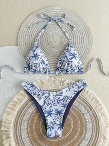 Women's Vacation Style Printed Halter Triangle Bikini Two-Piece Set, Suitable For Island Vacation Photography, For Summer Beach