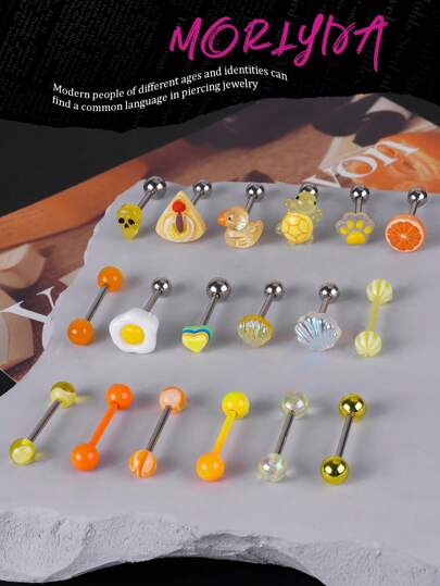 1 pieza Anillo de lengua con diseño lindo y dulce de pato, tortuga, lengua de pastel, huevo, lengua de 14G de acero inoxidable naranja, joyería de lengua con forma de concha, anillo de barra de lengua con corazón, regalo de San Valentín para mujeres y niñas, para uso diario, joyería corporal para fiesta y vacaciones