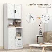 HOMCOM Alacena de Cocina Rústico Armario de Cocina Mueble Auxiliar de Cocina con 3 Puertas Compartimentos Abiertos 2 Cajones Orificio pasa Cables y Estantes Ajustables 70x40x180 cm Blanco - Blanco - Ver 8