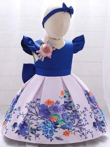 Hibobi 2 Pieces Baby Girl Floral Print Dress, 3D Flower Decoration And Bowknot Headband, Great For Birthday Parties And Formal Events - 藍色 - 查看 2