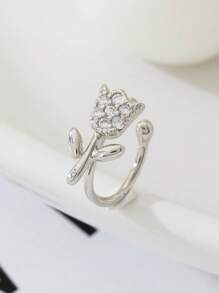 1pc Rhinestone Rose Minimalist Luxury Niche Casual Versatile Nose Clip (Copper Material, Adjustable Ring) - Silver - View 2