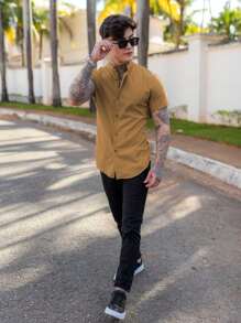 Men's Dress Shirt Padre Collar Fashion Beach Short Sleeve - 米色 - 查看 2