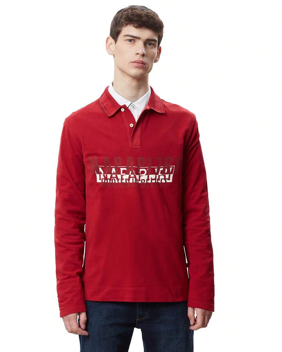 Napapijri Men's Front Button Long Sleeve Letter Print Simple T-Shirt, Casual Everyday Wear - Red - View 1