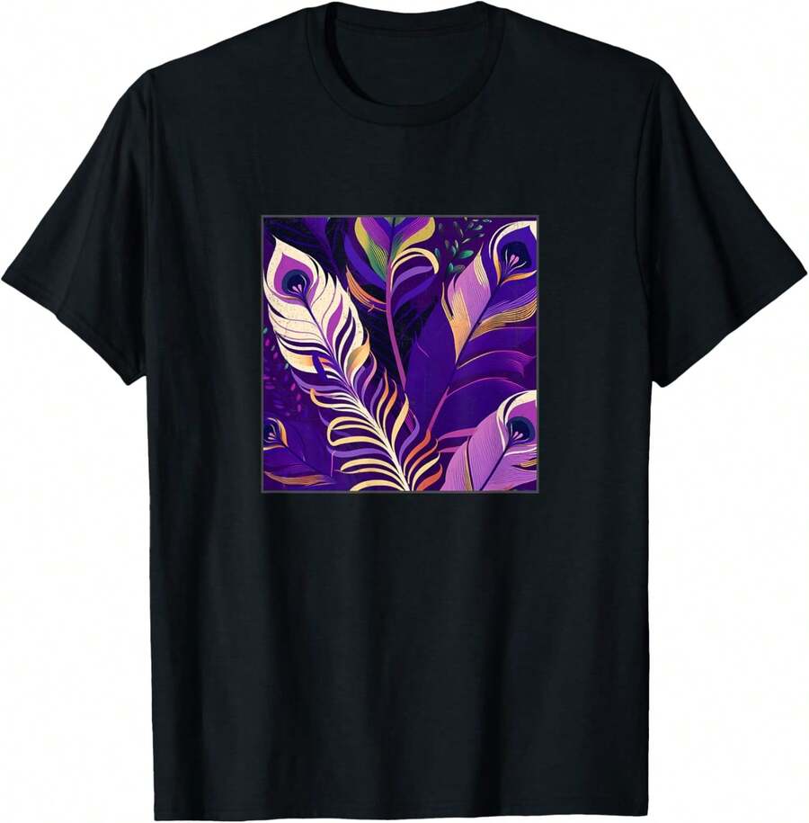 Cute Purple Peacock Feathers Illustration Birds Women Men T-Shirt3 - Black - View 1