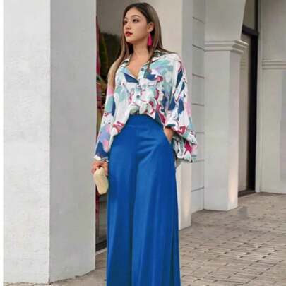 Conjunto elegante de verano para mujer, estilo bohemio, informal, de talla grande, con parte superior con abertura y pantalones anchos y sueltos