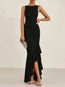 Women's Summer Elegant Slim Dress Sleeveless Peplum Mermaid Cocktail Wedding Guest Formal Dress - 黑色 - 查看 4