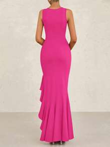 Women's Summer Elegant Slim Dress Sleeveless Peplum Mermaid Cocktail Wedding Guest Formal Dress - Màu Hồng Tươi - Xem 5