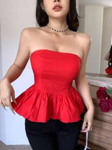 Solid Ruffle Hem Tube Top - Red - View 3